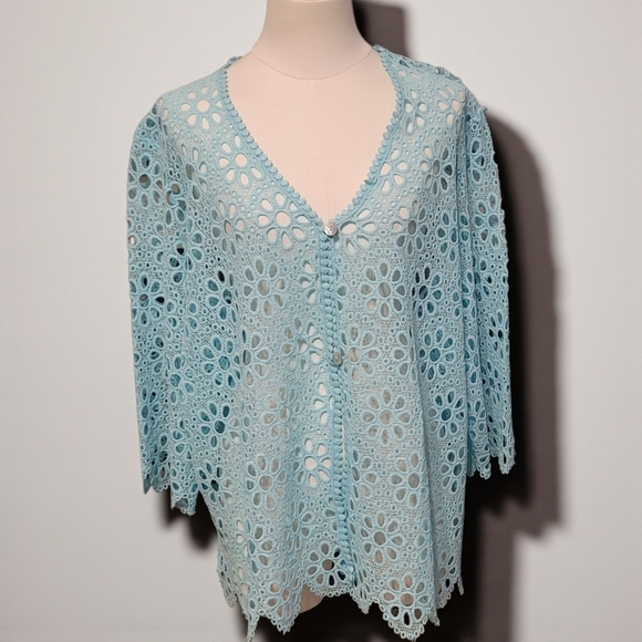 Bedford Fair Sweaters - BEDFORD FAIR - 1X Chic Light Blue Crochet Women's Cardigan